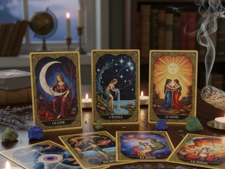 tarif voyance 30€/30min Cartes de tarot colorées avec des illustrations symboliques.