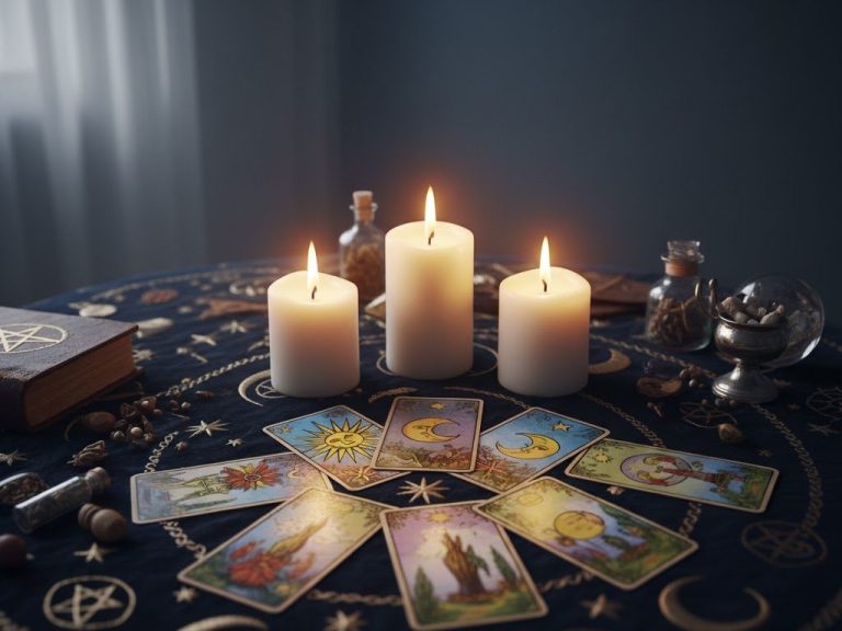 tarif voyance 40€/60 min Trois bougies allumées autour de cartes de tarot sur une table décorée.
