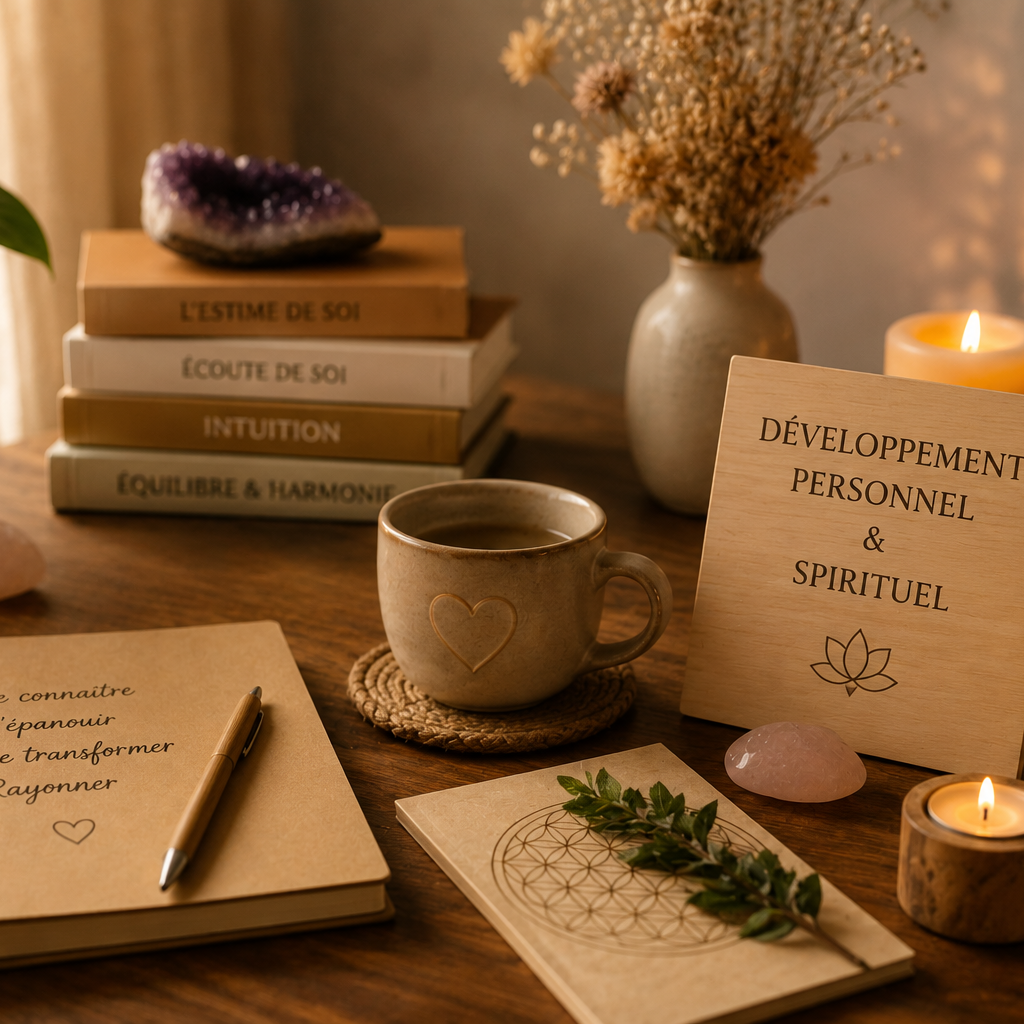 Tasse de café avec des livres et des éléments spirituels sur une table en bois.